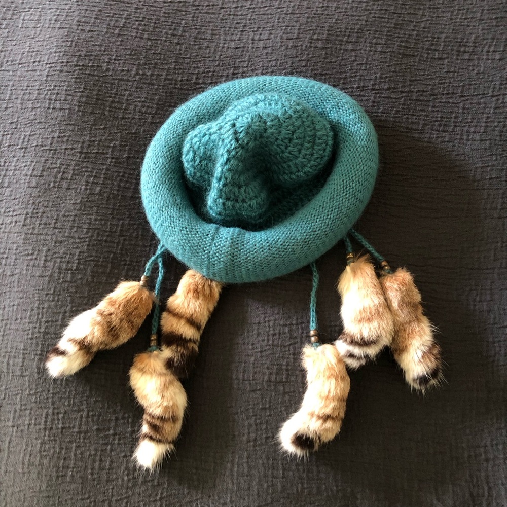 Vintage Teal HandKnit Cat Tail Hat RARE